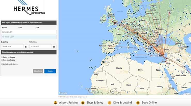 Hermes Airports’ new online system displays the routes available to and from the international airports in Larnaca and Paphos 
